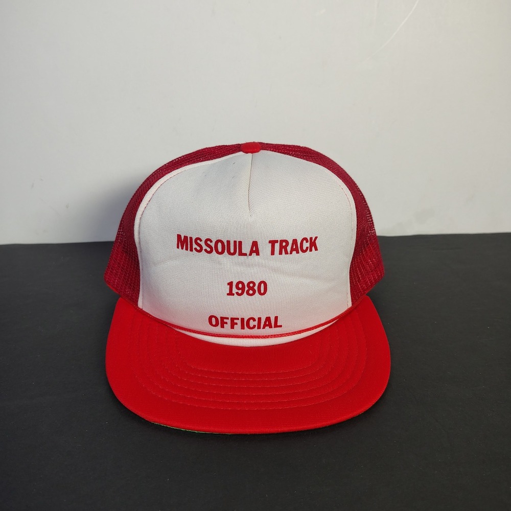 Vintage 1980 Missoula Track Trucker Hat Mesh Snapback Red Montana Track & Field